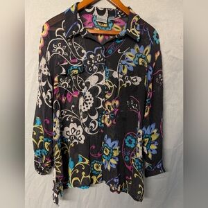 Black Floral Button-Up Shirt - Multicolor Print Size 3